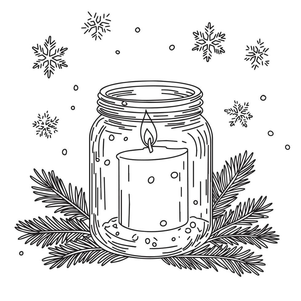 coloring book for adults. Christmas composition with a candle, snowflakes and fir branches. winter illustration in sketch style vector