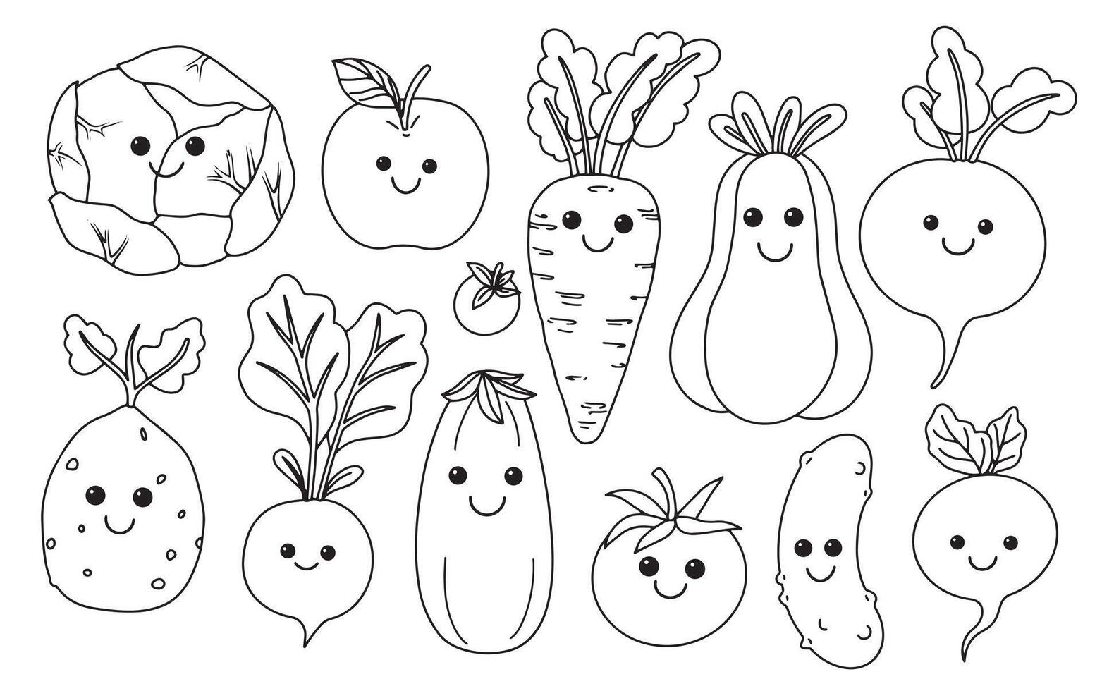 set of cute kawaii vegetables. illustration in doodle style vector