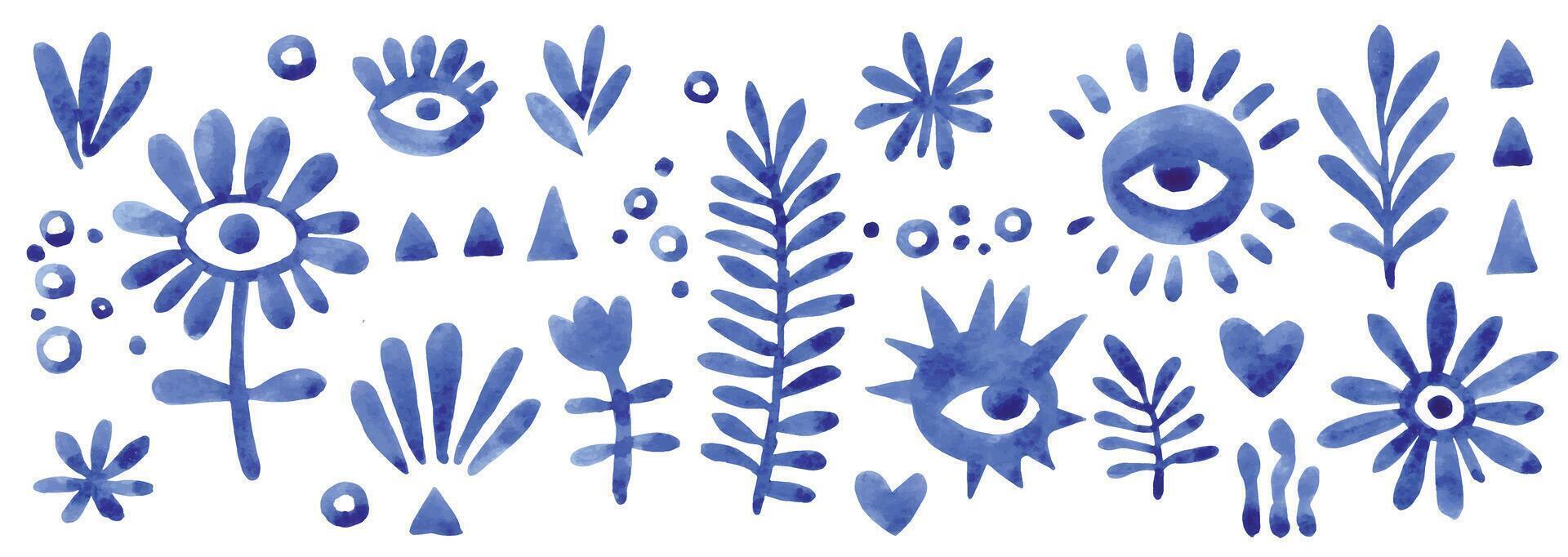 watercolor illustration, set of abstract blue modern ornament elements, eyes and flowers. vector
