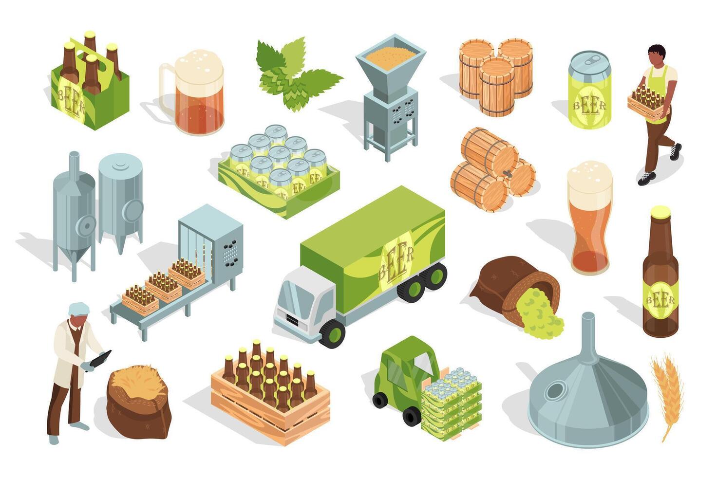 Beer making 3d isometric mega set in flat design. Collection isometry elements of bottles, mug, wooden barrels, hop, cup, wheat, brewery machinery, manufacturing process, other. illustration. vector