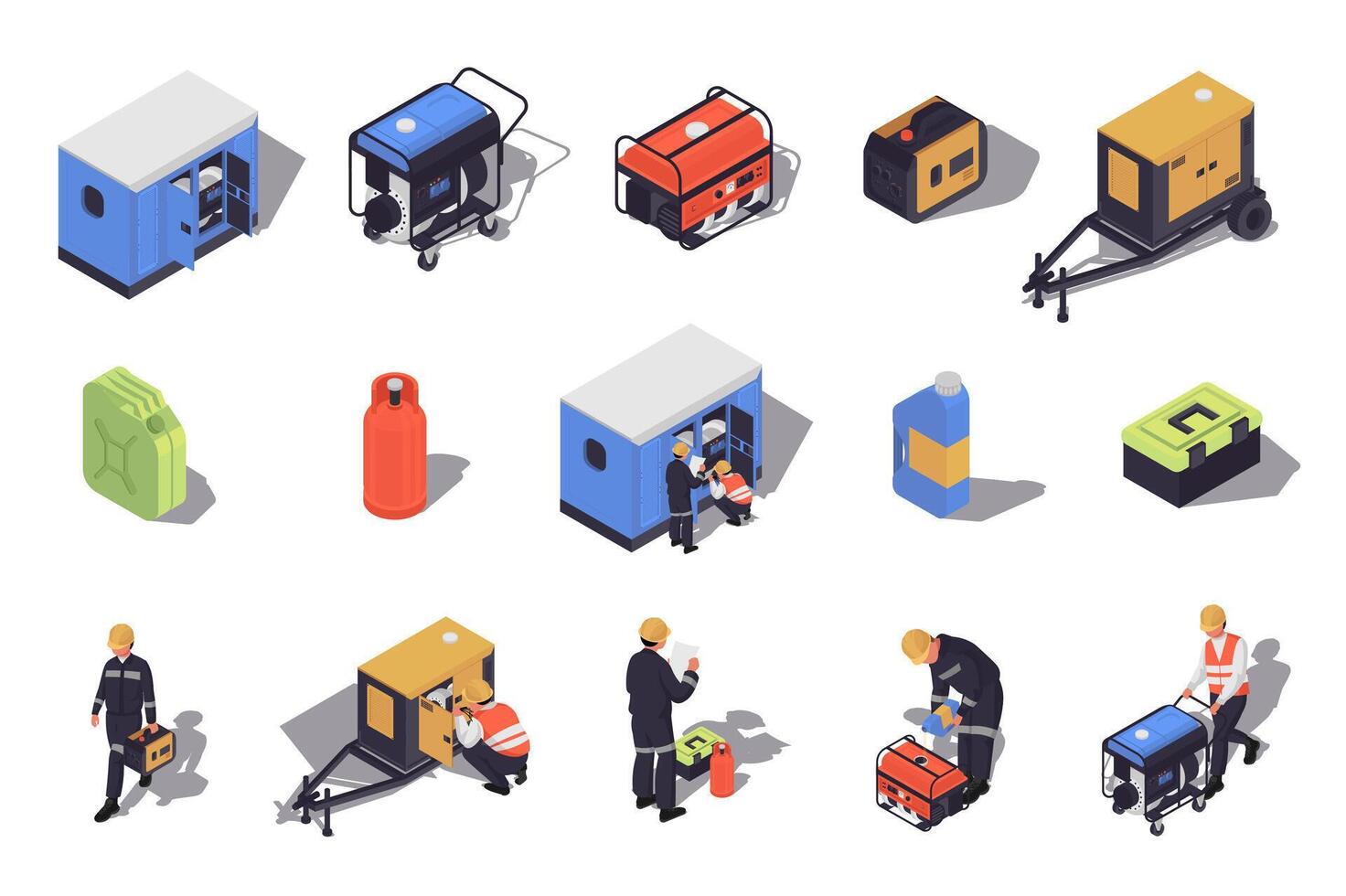 Generators maintenance 3d isometric mega set in flat design. Collection isometry elements of different types of portable electric power generators, canisters, technicians, other. illustration. vector