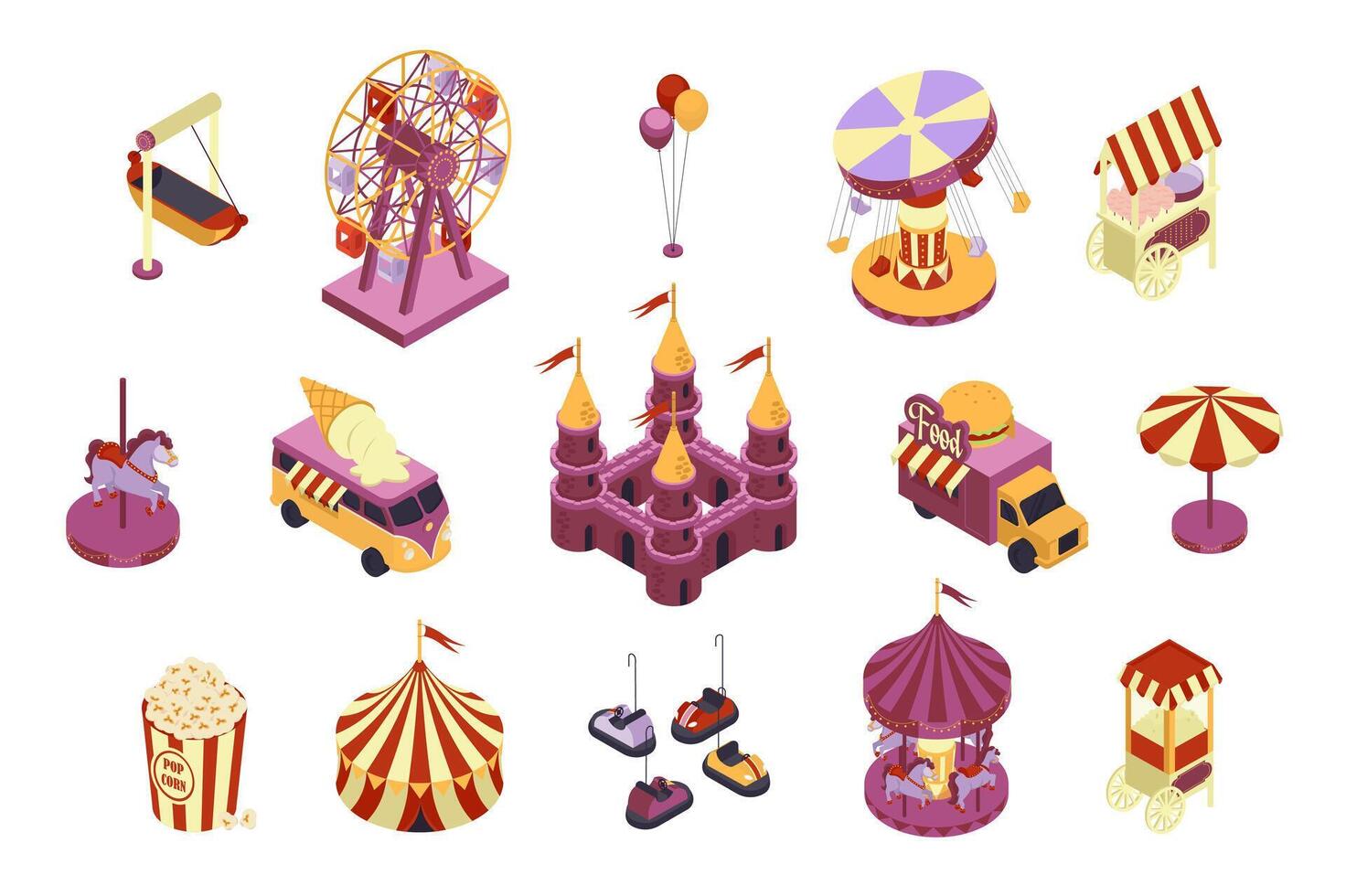 Amusement park 3d isometric mega set in flat design. Collection isometry elements of different carousels, ferris wheel, balloons, street food kiosk, magic castle, circus, other. illustration. vector