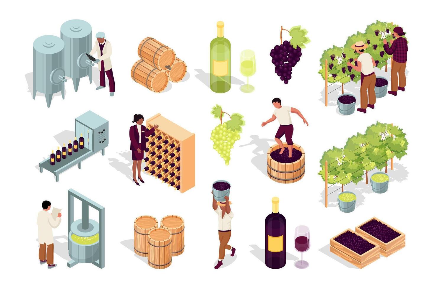 Winery 3d isometric mega set in flat design. Collection isometry elements of wine bottles, wineglass, grape crop, production, manufacture process, beverage producer, vine, other. illustration. vector