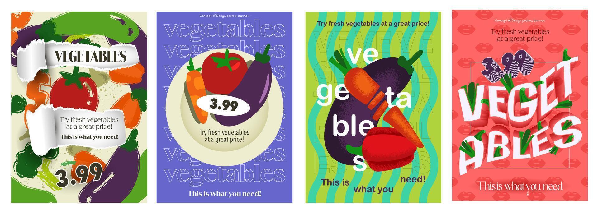 Vegetables cover typography template for advertising design. Food posters and greeting cards with tomato, carrot, eggplant, broccoli, zucchini and others with price for grocery. illustration. vector