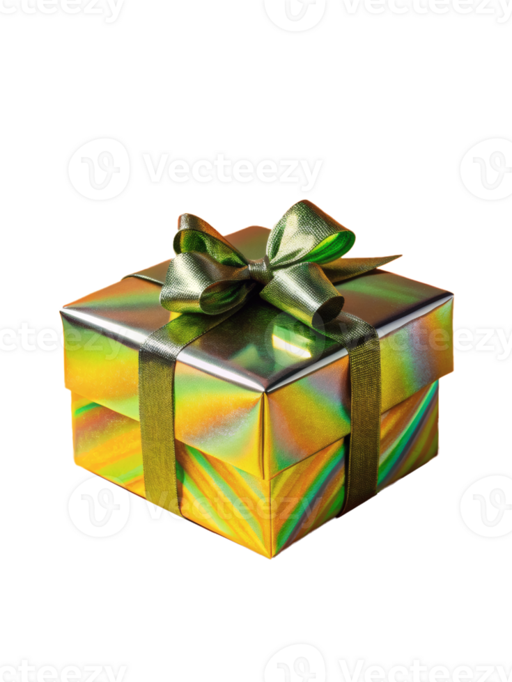Shiny holographic gift box wrapped in metallic paper with a green ribbon. Symbol of celebration png