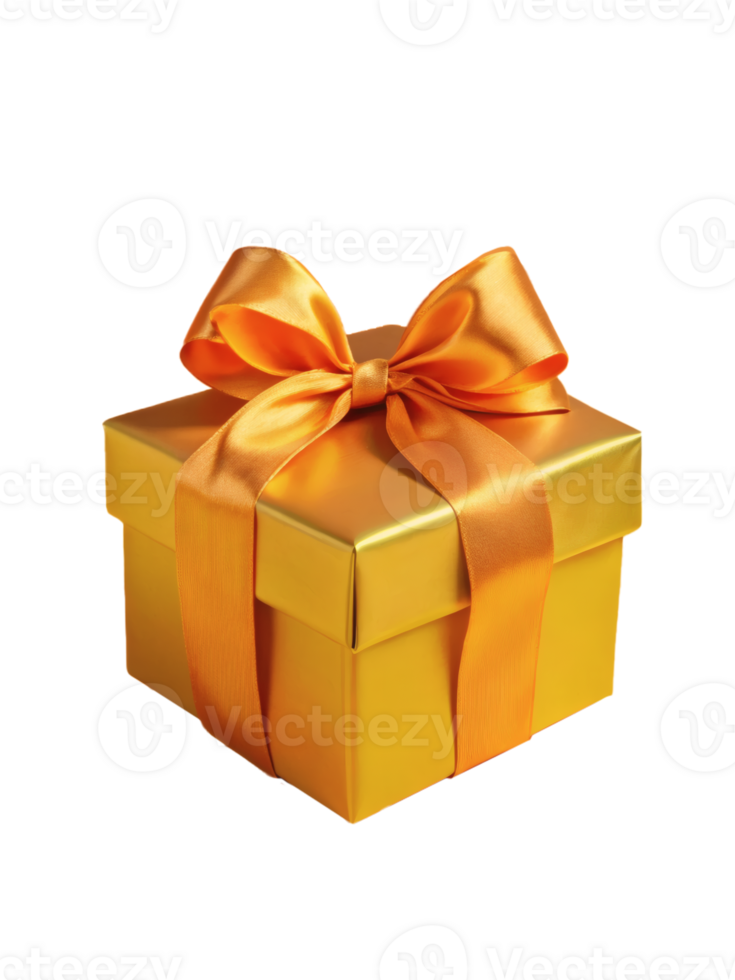 Golden gift box with a shiny orange ribbon bow, elegantly wrapped, celebration and gifting png