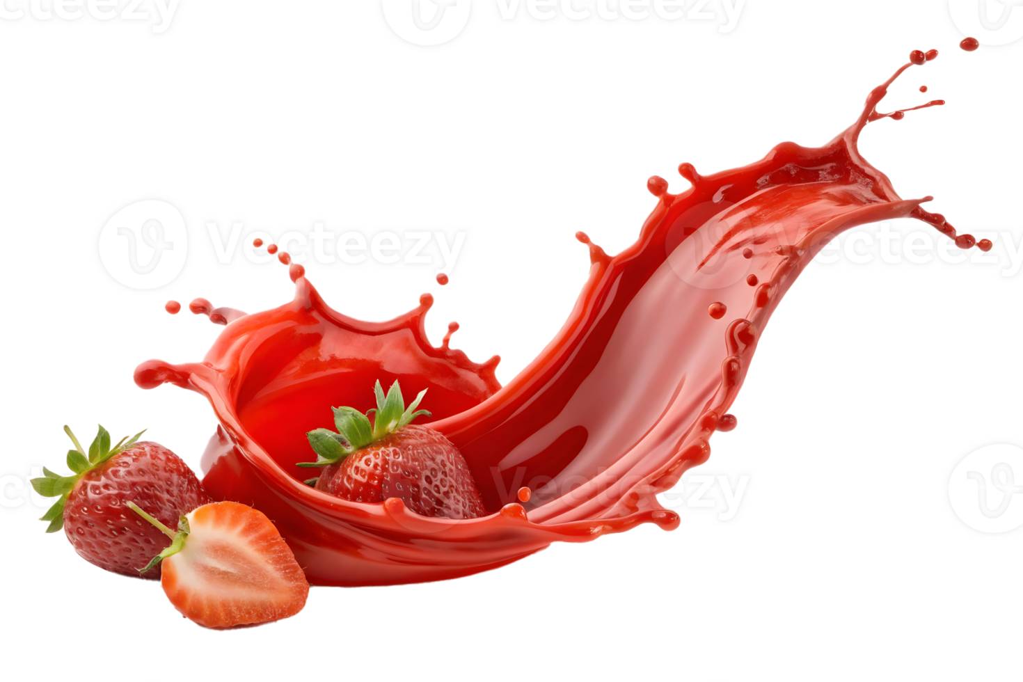Fresh strawberries with a dynamic splash of vibrant red juice, isolated, concept of freshness and vitality png