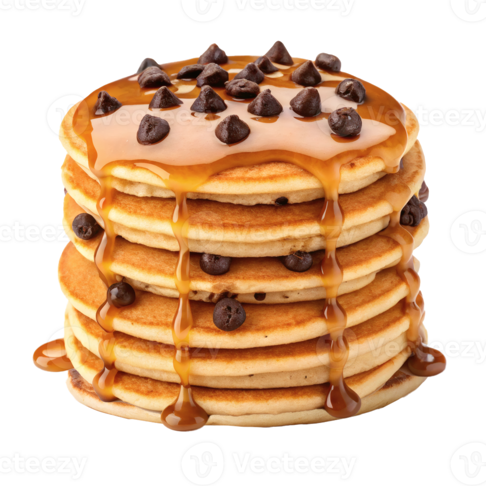 Stack of fluffy pancakes topped with chocolate chips, drizzled with syrup. Concept of sweet food png