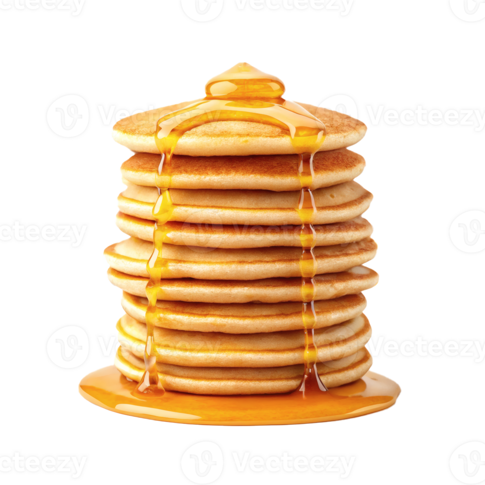 Tall stack of golden pancakes topped with honey dripping down, sweet and delicious breakfast png