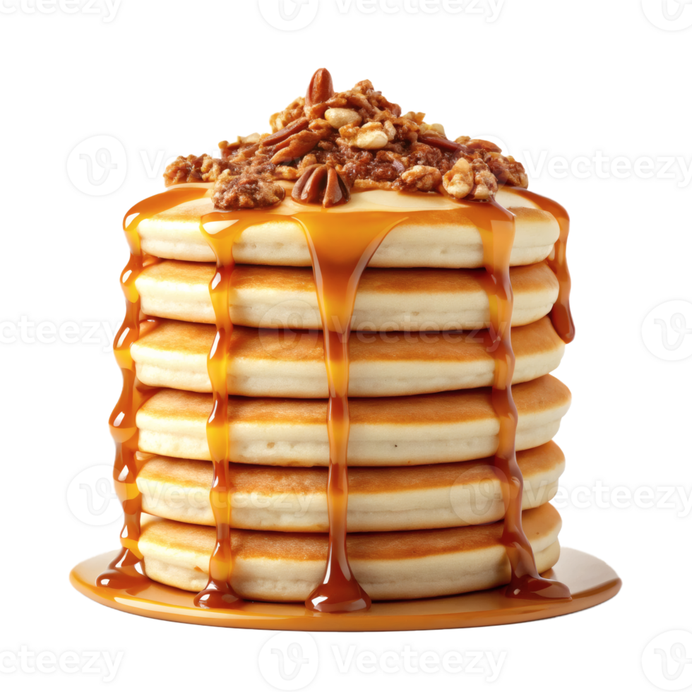 A stack of pancakes topped with caramel syrup and nuts, sweet breakfast concept png