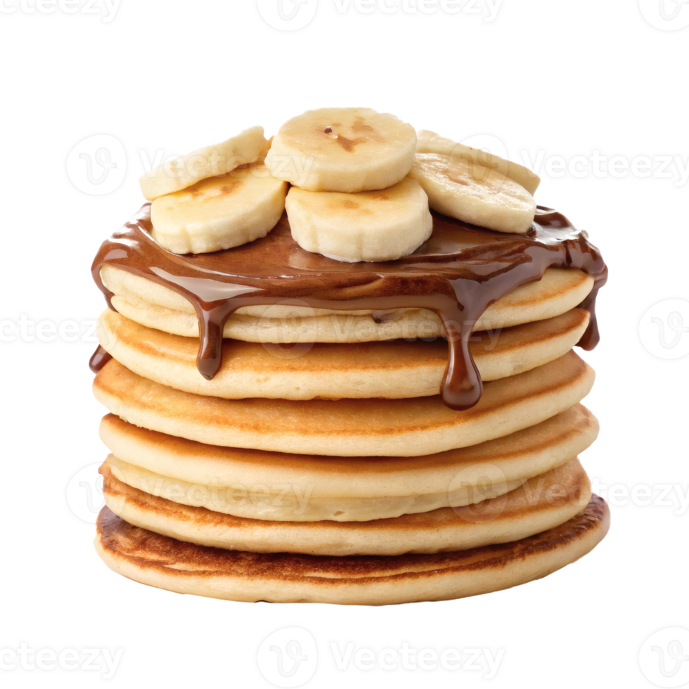 Stack of fluffy pancakes with banana slices and chocolate topping, sweet breakfast png
