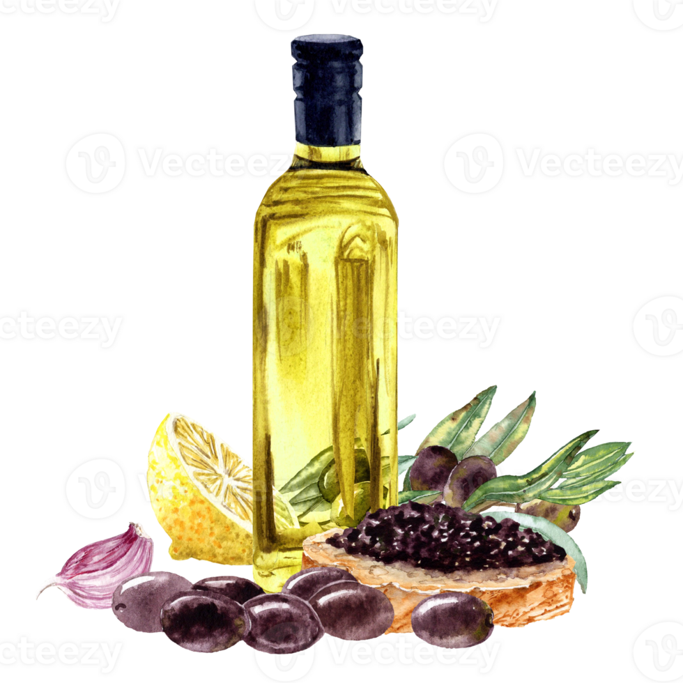 Olive oil Bottle and Sandwich with Tapenade png