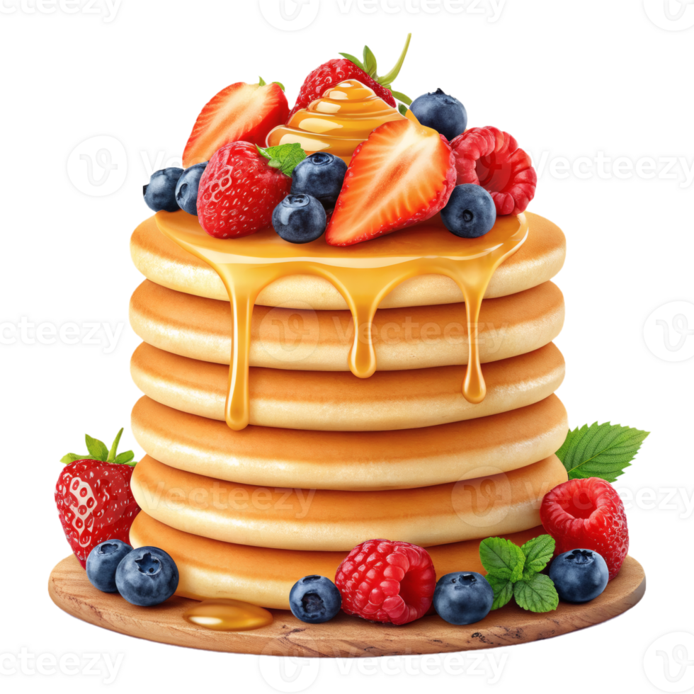 Delicious stack of pancakes topped with strawberries, blueberries, raspberries, syrup. Breakfast concept png