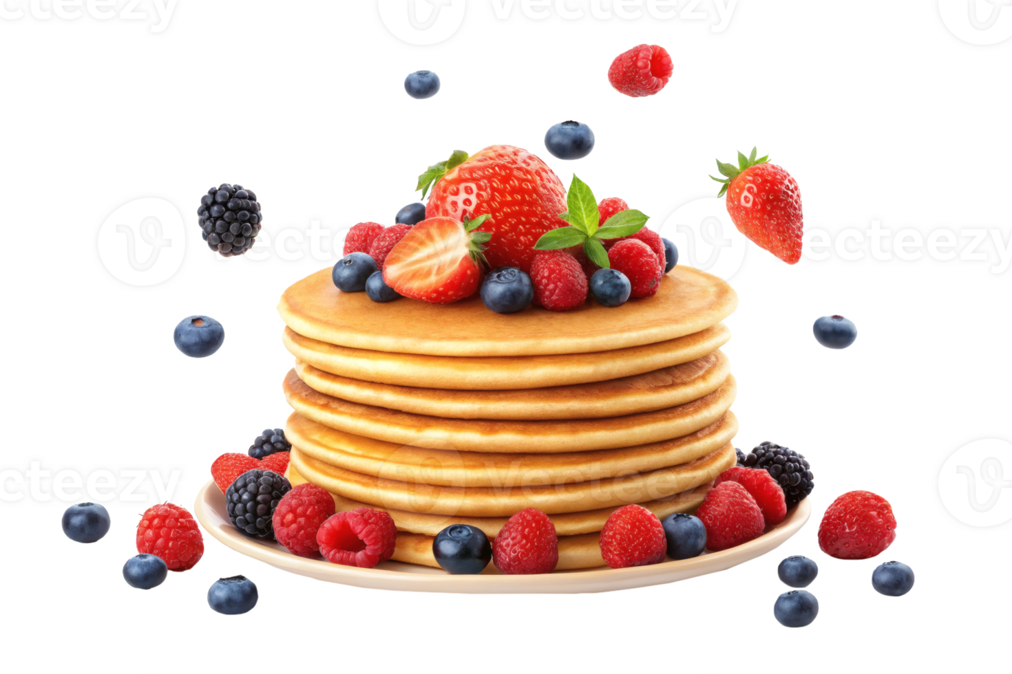 Stack of golden pancakes topped with fresh strawberries, blueberries, raspberries, and blackberries. Concept of breakfast png