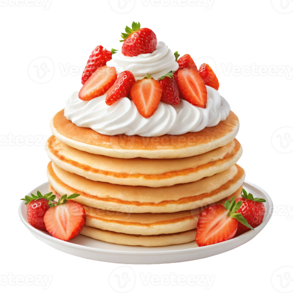 Delicious stack of pancakes topped with whipped cream and fresh strawberries. Breakfast concept png