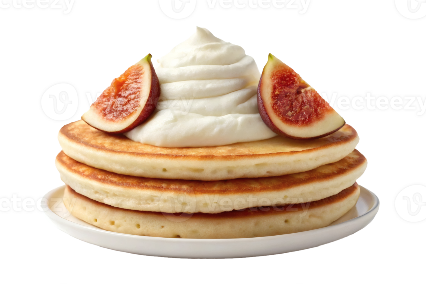 Pancakes stacked on a plate with whipped cream and fresh fig slices, isolated. Concept of breakfast or dessert png