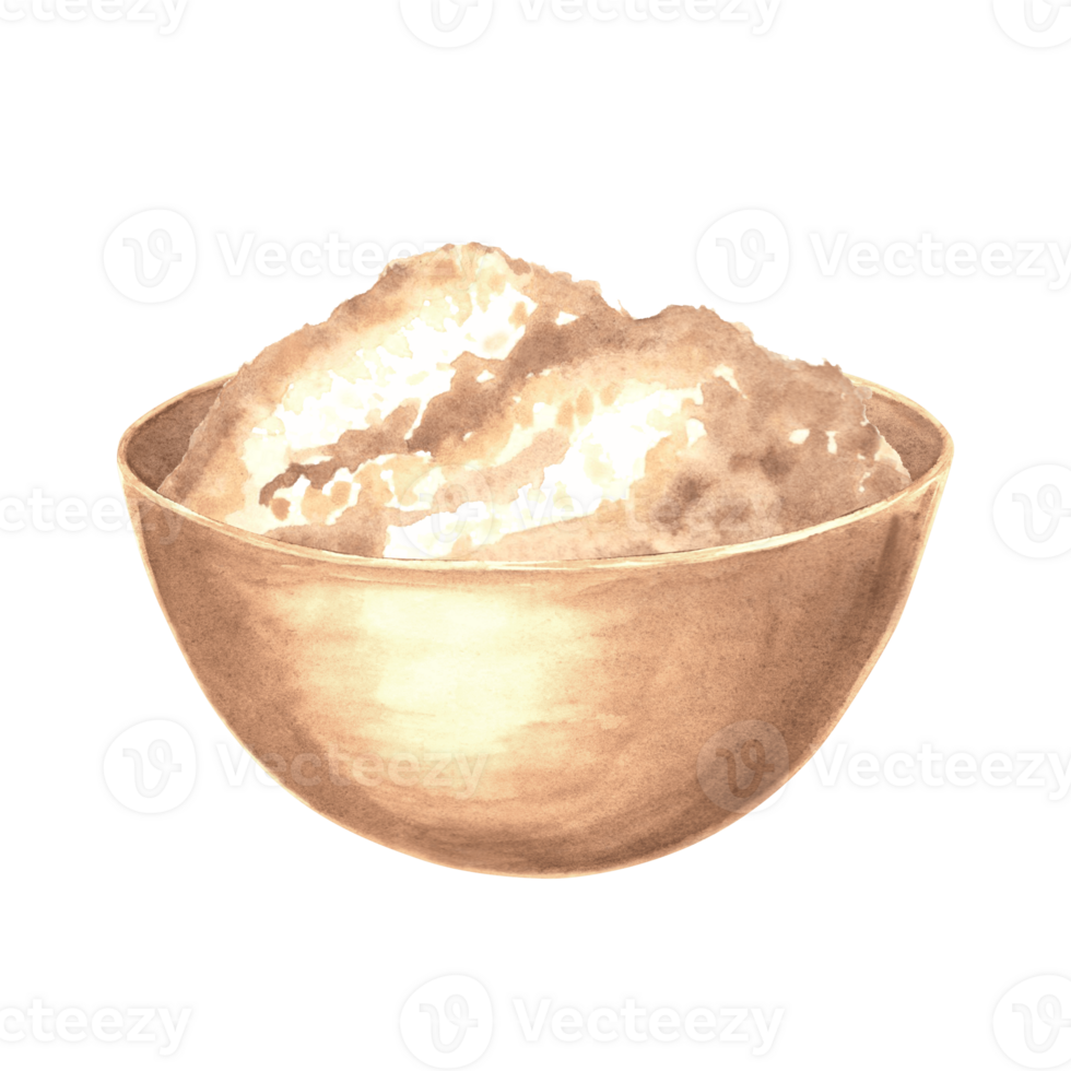 Wodden bowl with brown sugar. Hand drawn watercolor illustration isolated. Product of sugar cane processing. Clipart of sweet food, flour. Ingredient for cooking and bakery. Sweetener for beverage. png