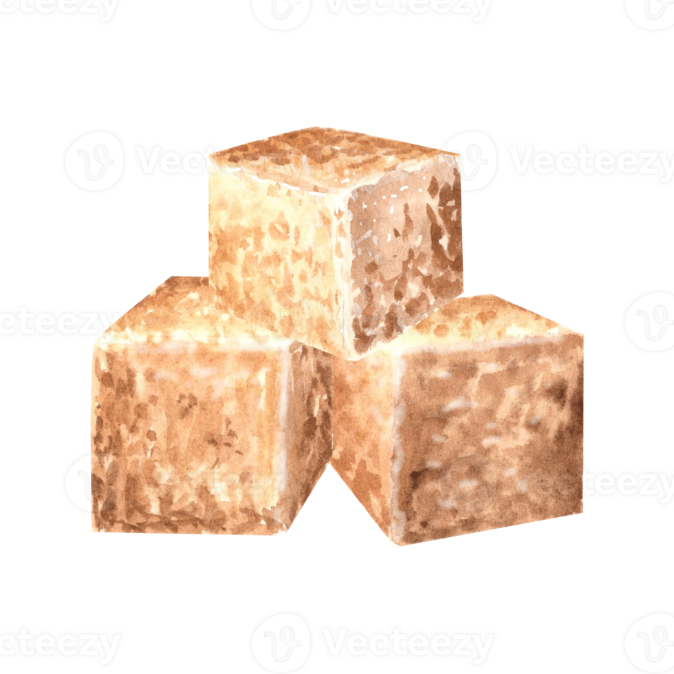 Brown sugar cubes. Hand drawn watercolor illustration isolated. Product of sugar cane processing. Natural sweet food design. Ingredient for cooking and bakery. Organic sweetener for drink. Clipart. png