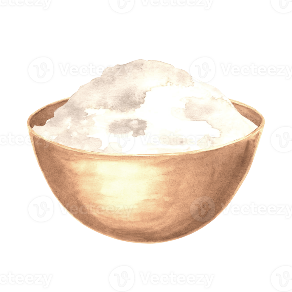 Wodden bowl with white sugar. Hand drawn watercolor illustration isolated. Product of sugar beets processing. Clipart of salt, flour, powder. Ingredient for cooking and bakery. Sweetener for beverage. png
