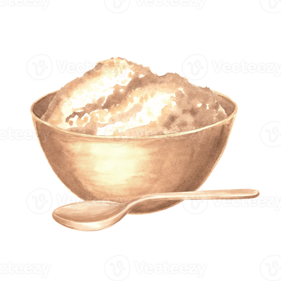 Wodden bowl with brown sugar and spoon. Hand drawn watercolor illustration isolated. Product of sugar cane processing. Clipart of sweet food, flour. Ingredient for cooker, bakery. Sweetener for drink. png