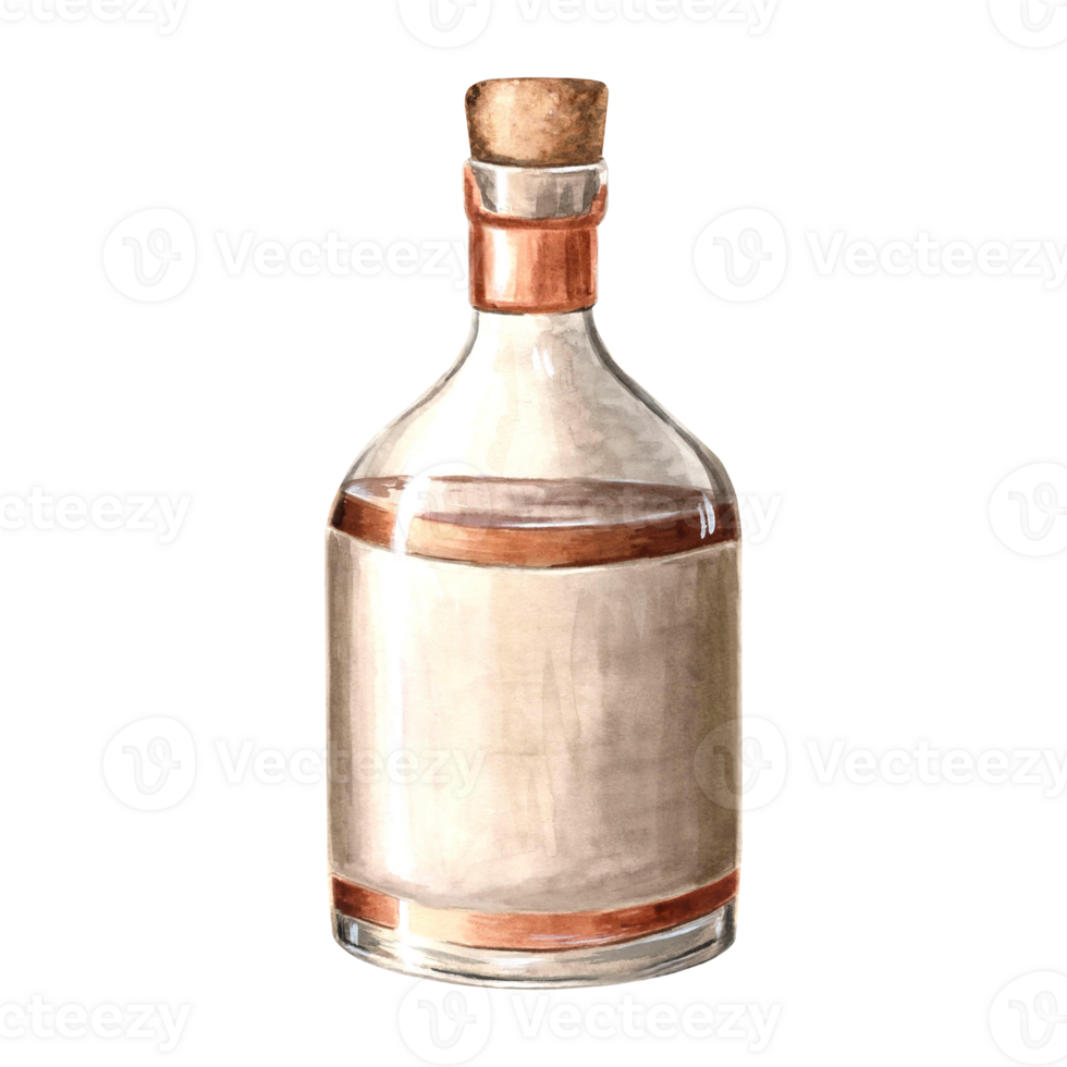 Glass bottle of rum with cork. Transparent vessel with alcoholic drink, cognac, whiskey. Magic potion or medicine, vegetable oil. Hand drawn watercolor illustration isolated. Food industry clipart. png