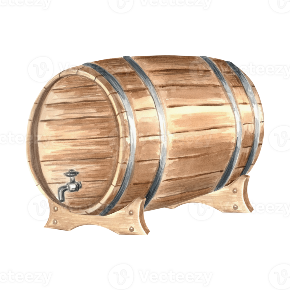 Wooden barrel, cask for rum. Keg for wine, whiskey or beer, with iron rings. Hand drawn watercolor illustration isolated. Oak container for alcoholic drink. Food industry. Clipart for packaging, print png