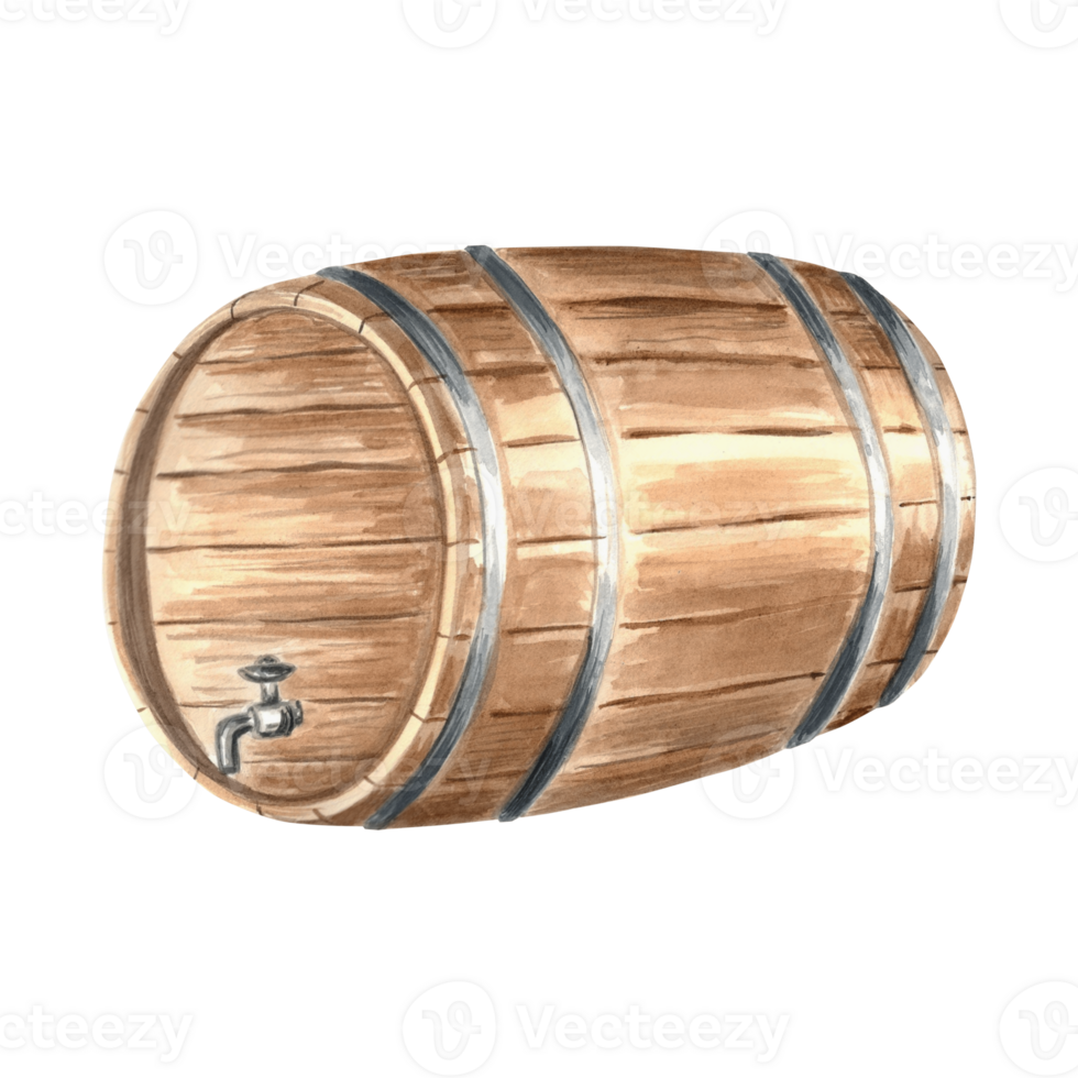 Wooden barrel, cask for rum. Keg for wine, whiskey or beer, with iron rings. Hand drawn watercolor illustration isolated. Oak container for alcoholic drink. Food industry. Clipart for packaging, print png