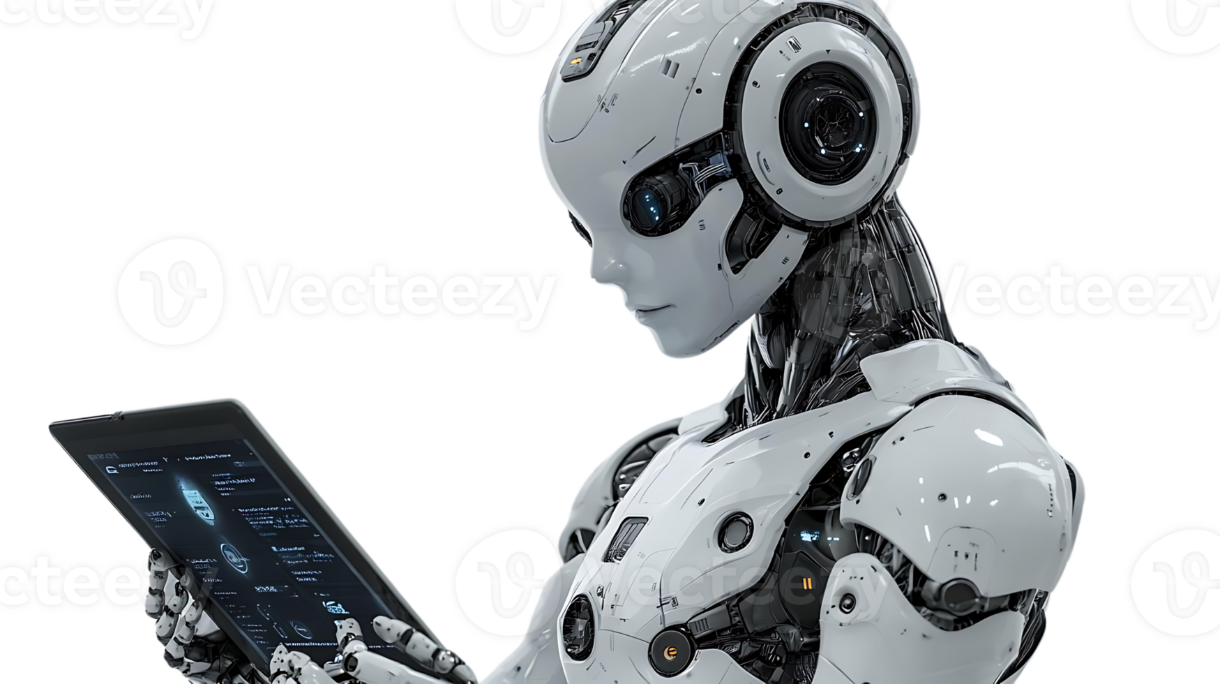 Robot Uses Tablet, AI Tech, Futuristic Design, Transparent Background png