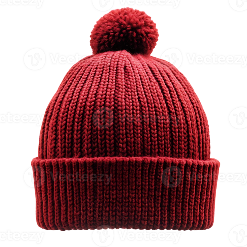 Red Knit Beanie Hat with Pompom, Isolated on Transparent Background png