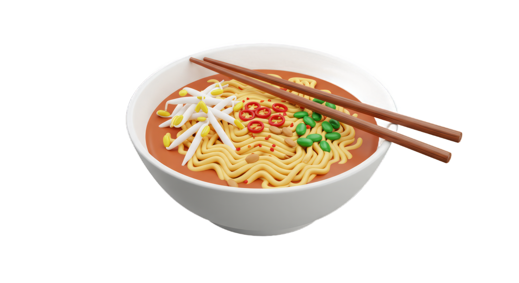 Delicious Spicy Ramen Noodles in a Bowl with Chopsticks 3D Render Asian Cuisine Food Photography png