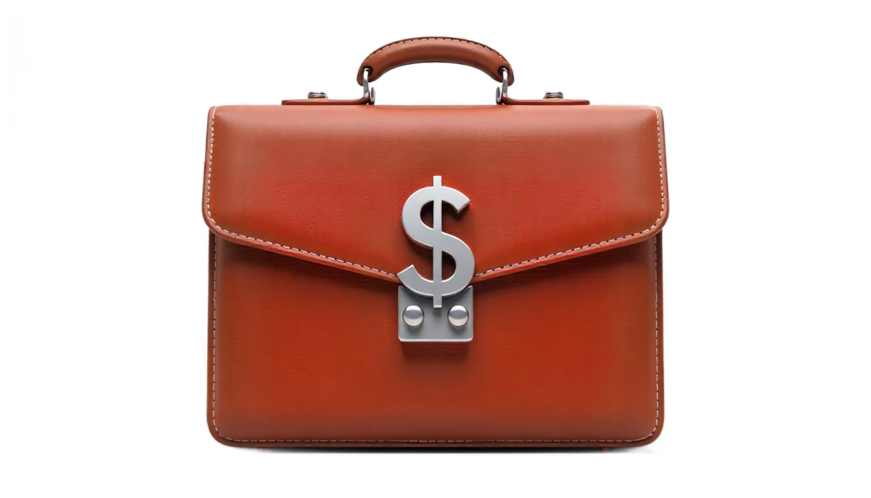 A Classic Brown Leather Briefcase with a Silver Dollar Sign Embossed on the Clasp, Symbolizing Wealth and Business Success png