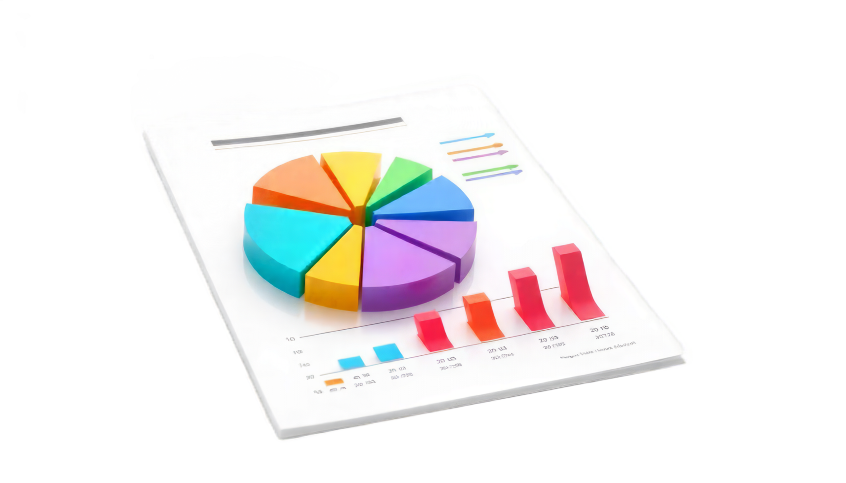 Colorful 3D Pie Chart and Bar Graph Data Visualization on a Document. Business Report Analysis png