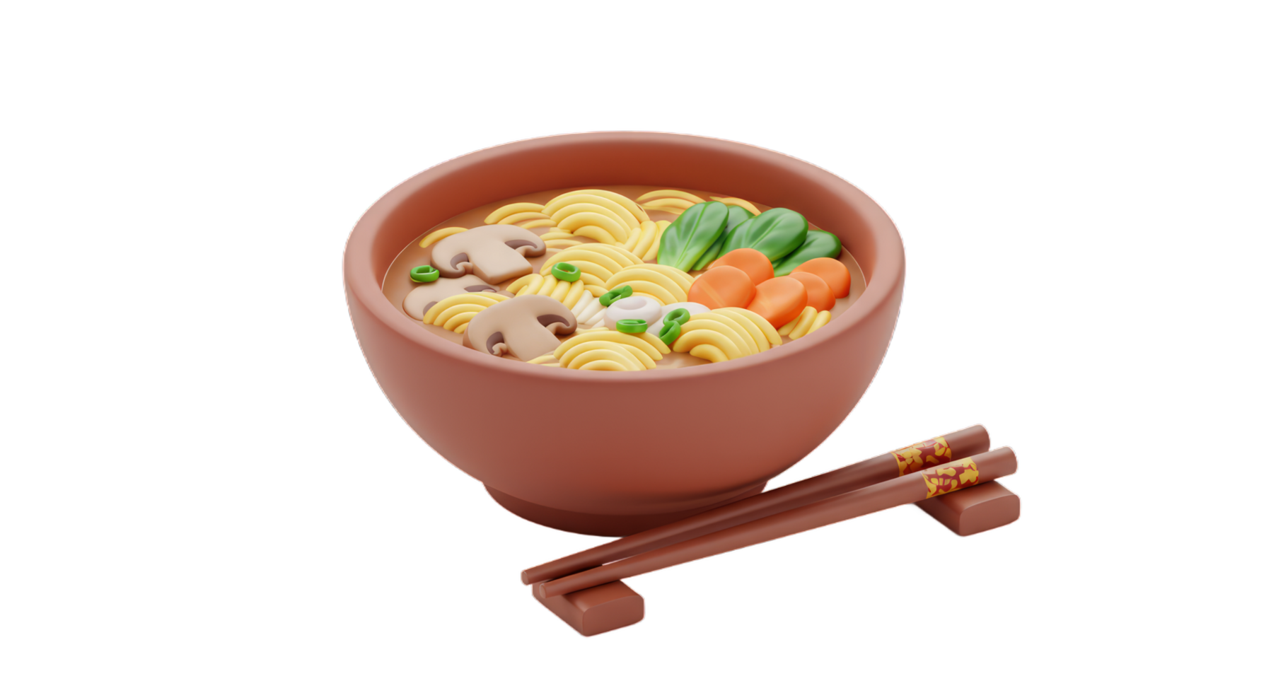 Delicious 3D Render of Asian Noodle Soup in Brown Bowl with Chopsticks png