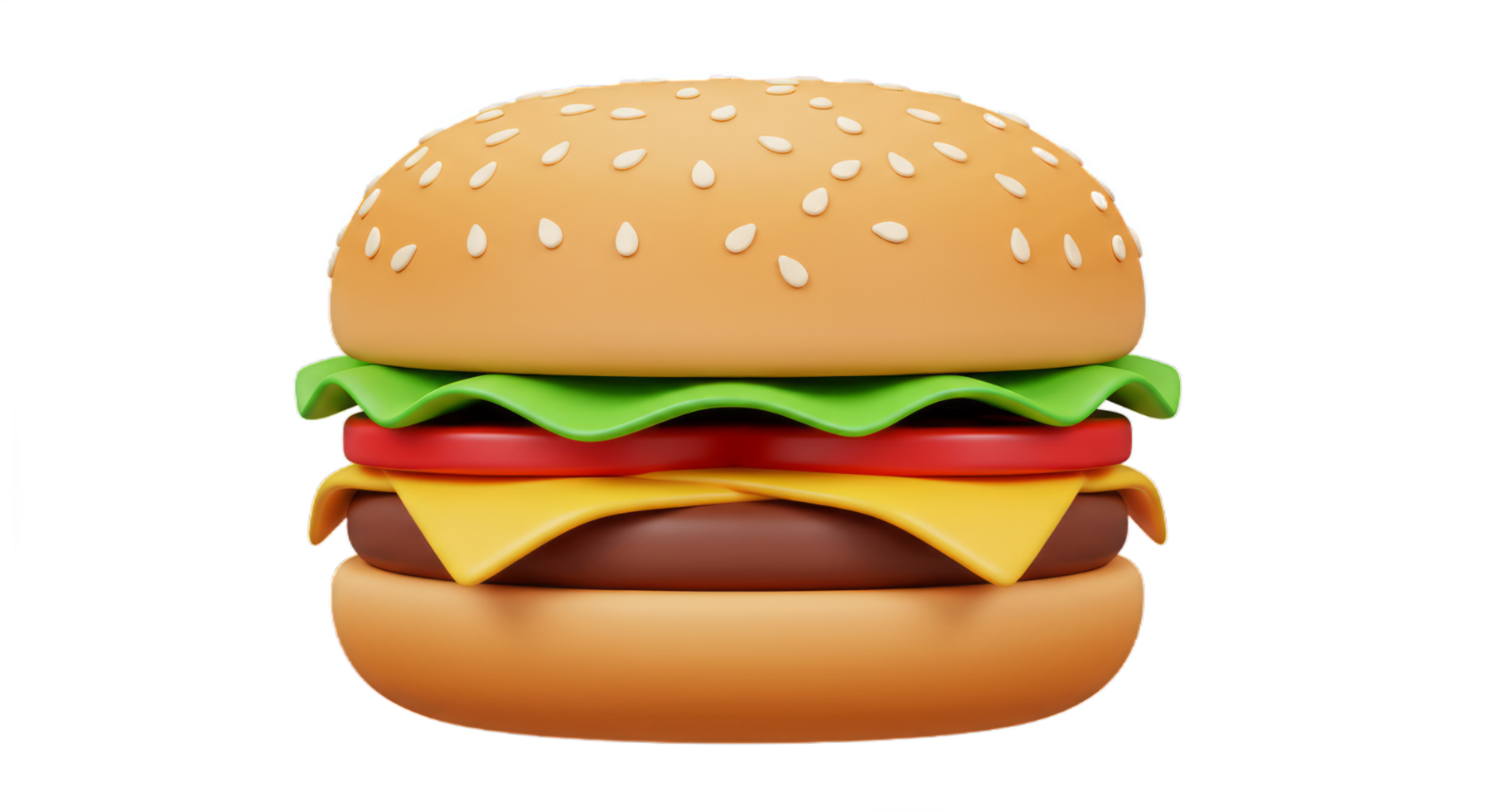 A Delicious 3D Render of a Juicy Cheeseburger with Sesame Seed Bun, Lettuce, Tomato, and Melted Cheese png