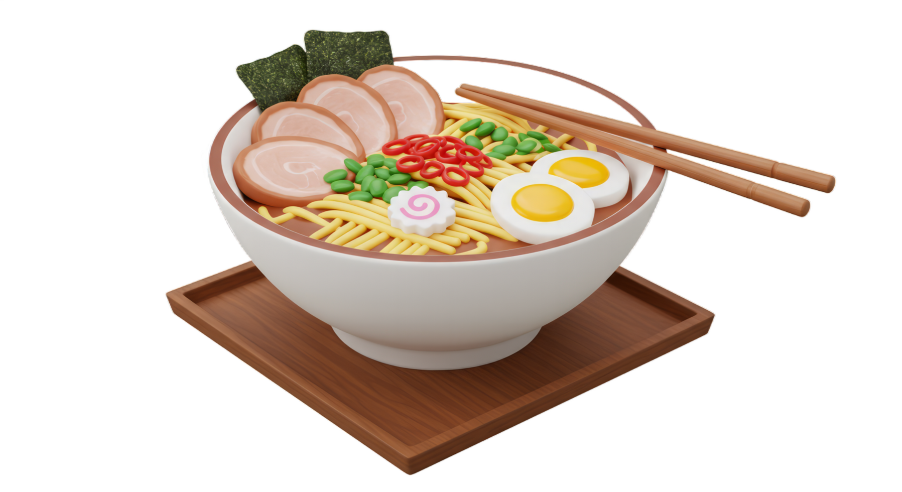 Delicious 3D Render of a Bowl of Ramen Noodles with Pork, Egg, and Vegetables png