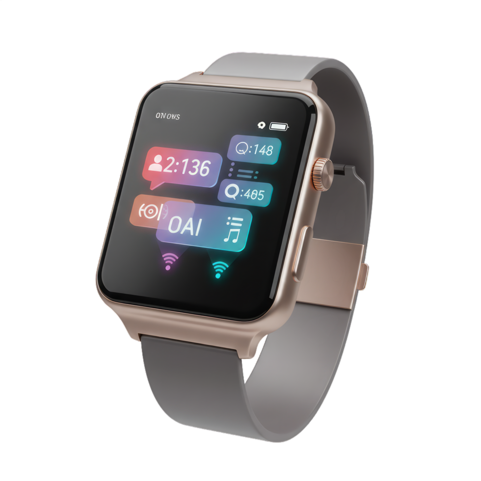 Sleek Rose Gold Smartwatch with Gray Band Displaying Notifications and Media Controls png