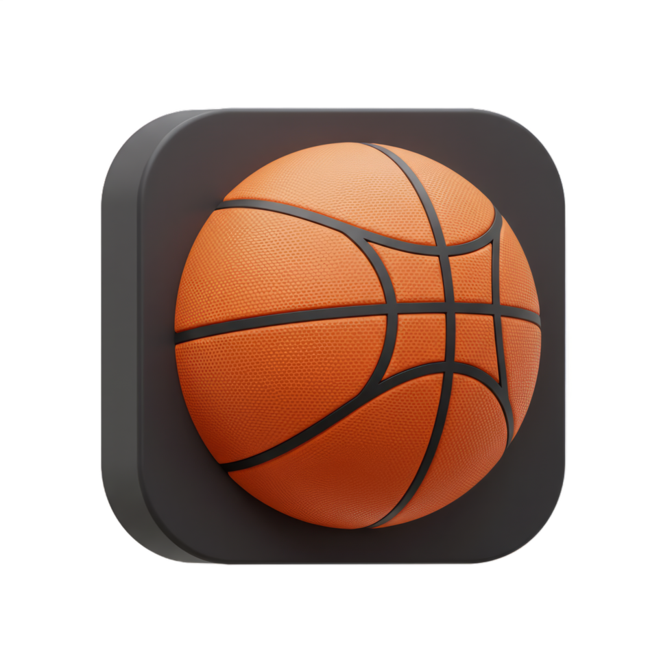 Realistic 3D Render of a Basketball App Icon Design, Orange Leather Sphere in Dark Square Frame. Digital Sport Icon, Game App png