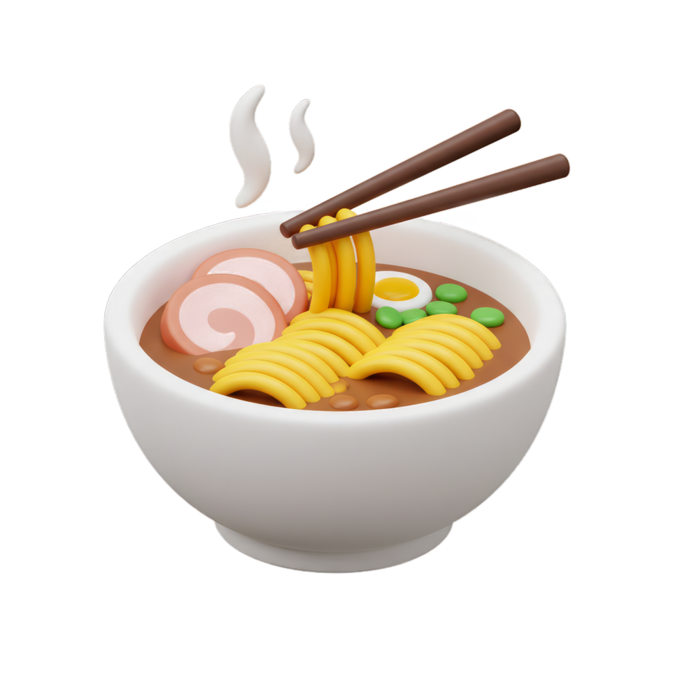 Delicious 3D Render of a Steaming Bowl of Ramen Noodles with Chopsticks png