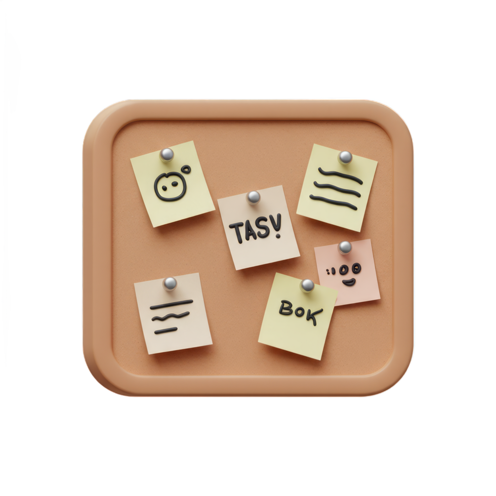 3D Render of a Cute Notice Board with Colorful Sticky Notes and Pins png
