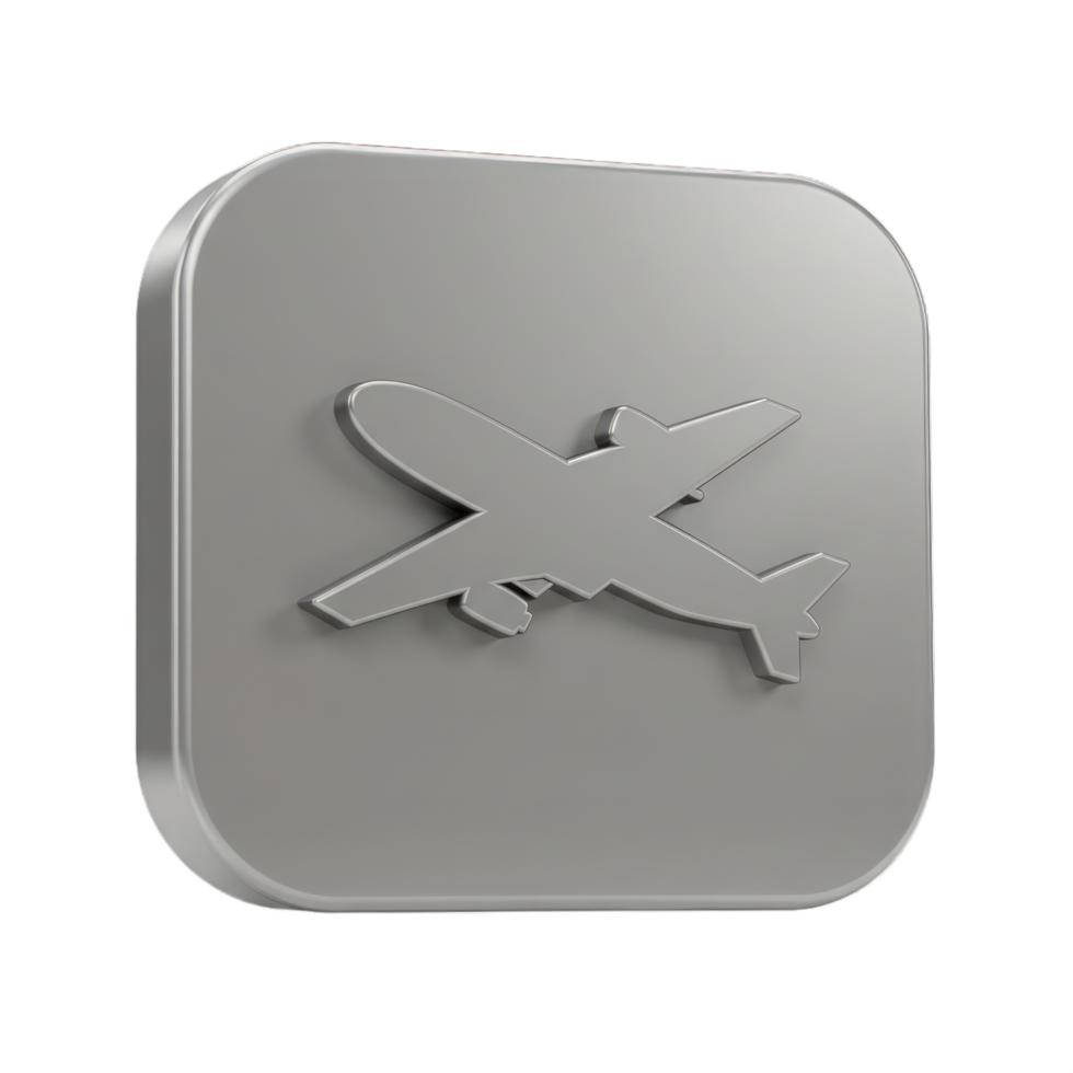 3D Render of a Silver Airplane Icon on a Square Button for Travel Apps and Websites png