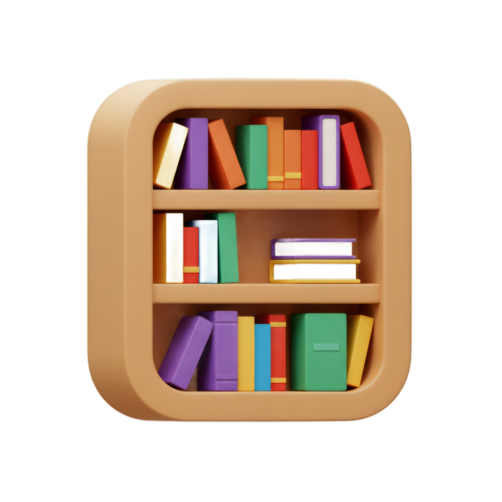A Colorful 3D Render of a Bookshelf Filled with Various Books, Illustrating a Home Library or Reading Nook png