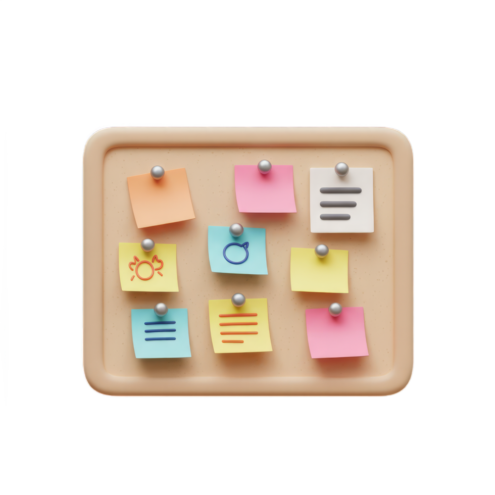Colorful Sticky Notes on a Notice Board Planning Organization Task Management 3D Render png