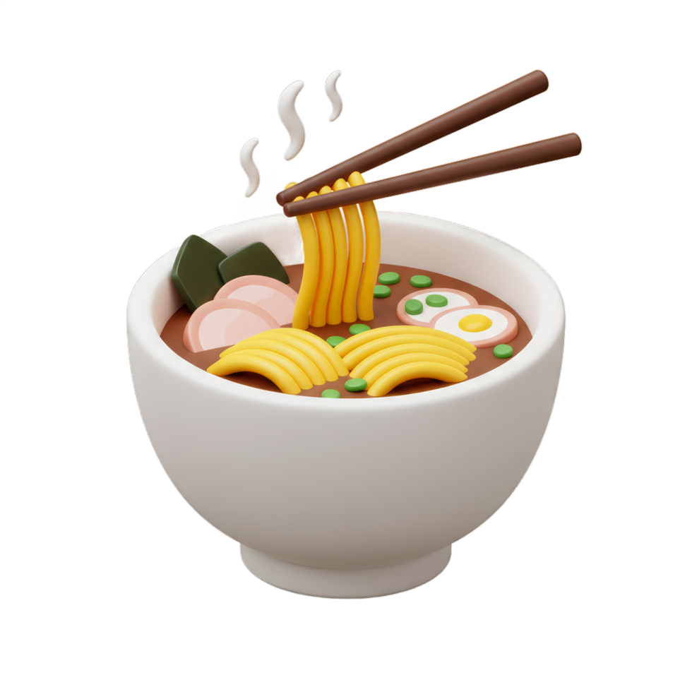 Delicious 3D Render of Ramen Noodles Being Lifted with Chopsticks from a Bowl, Appetising Japanese Cuisine png