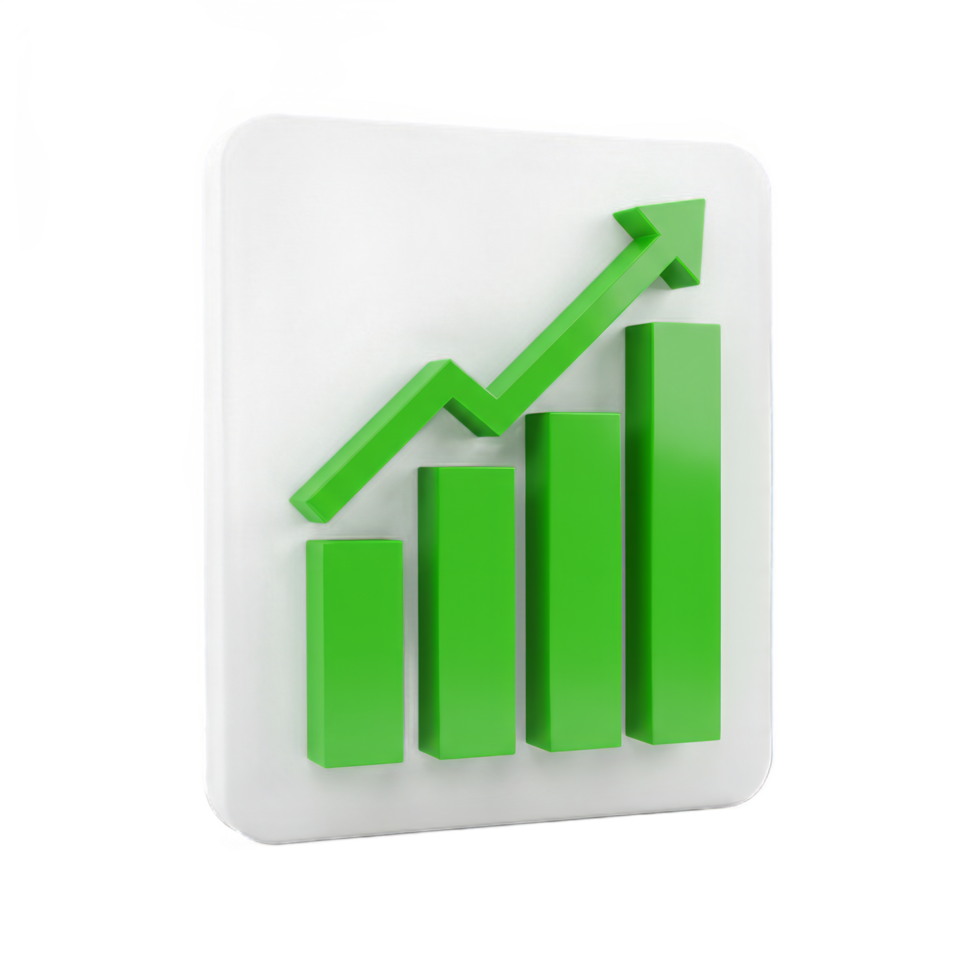 3D Render of a Green Upward Trending Bar Graph Icon on White Background Indicating Growth and Progress in Business and Finance png
