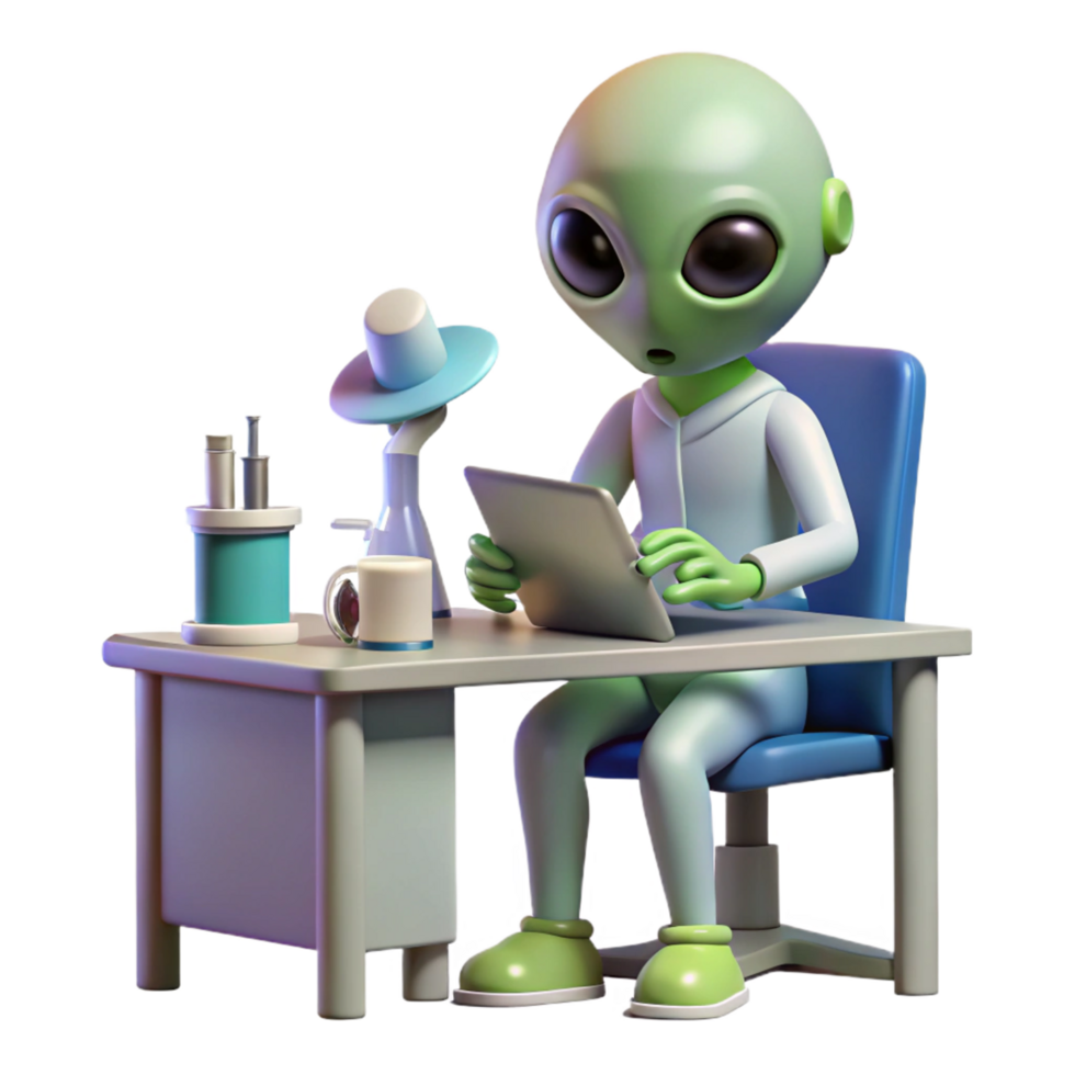Alien Scientist Using Tablet at Desk in Lab png