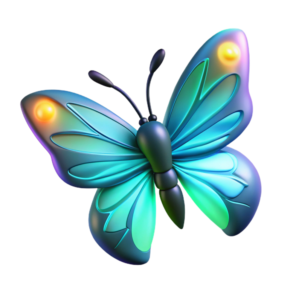 Glowing Teal Butterfly 3D Render of Insect with Luminous Wings png