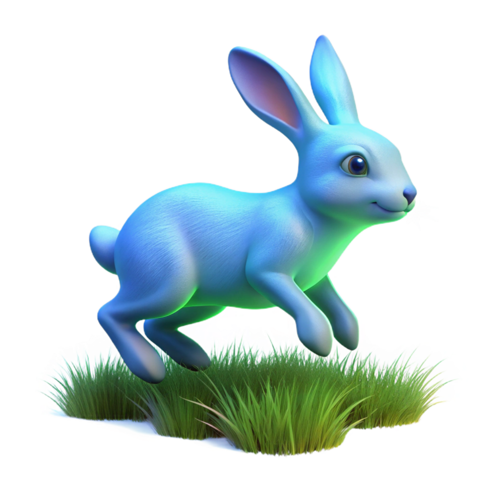 Blue Bunny Hopping in Green Grass A 3D Render png