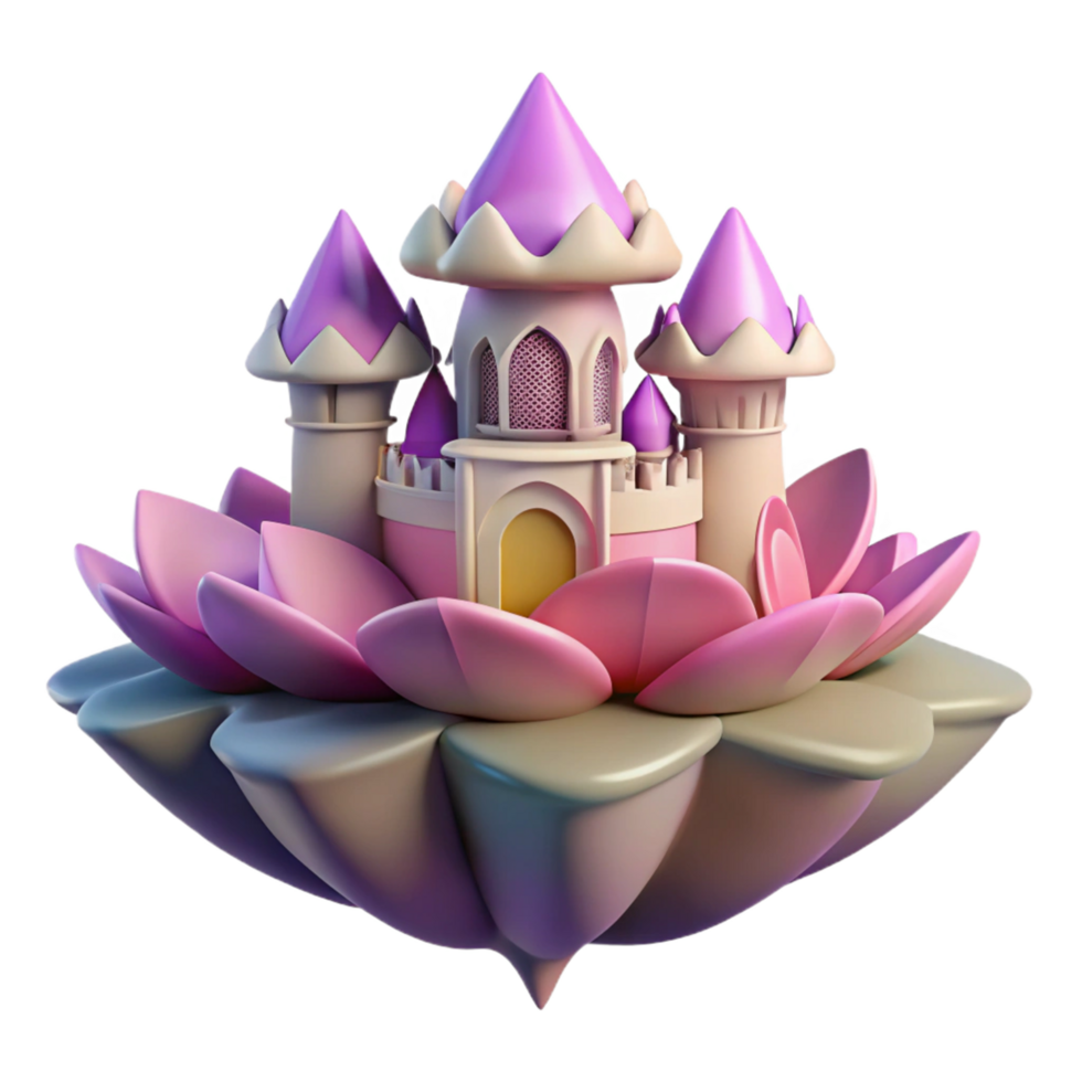 3D Render Fairytale Castle on Lotus Flower png