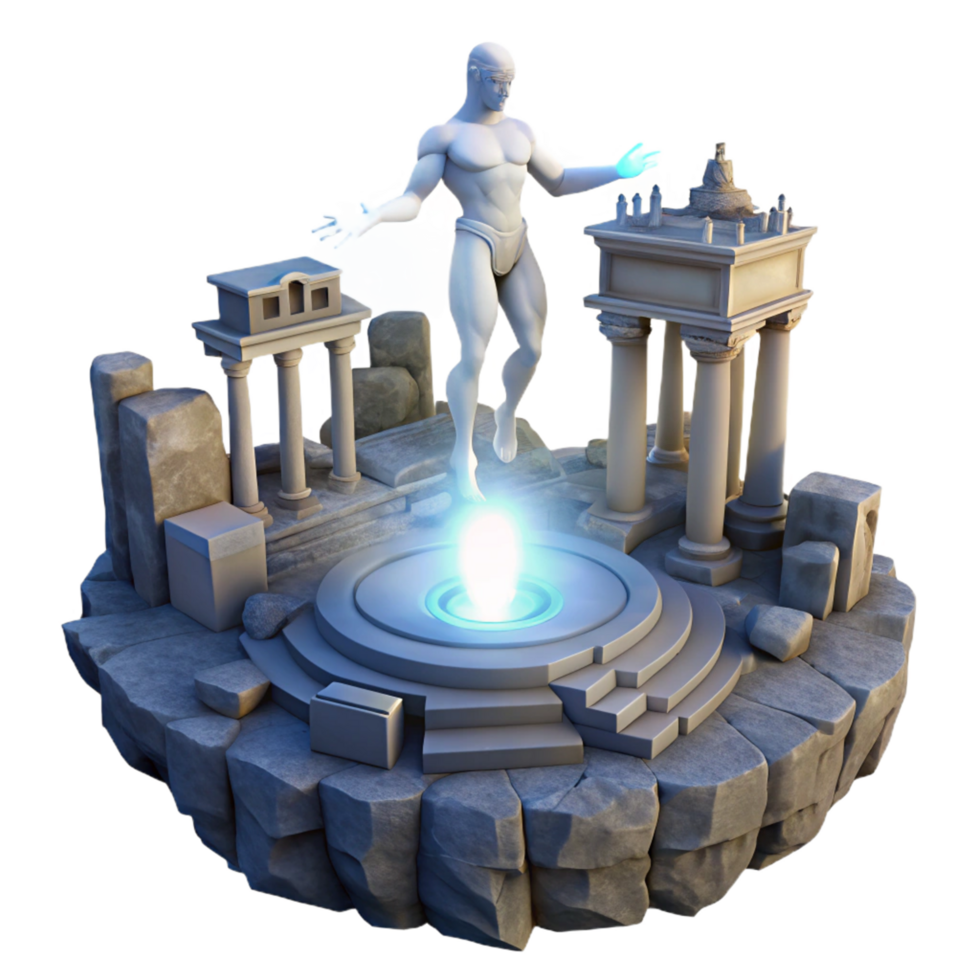 3D Render of Ancient Ruins and a Floating Figure png