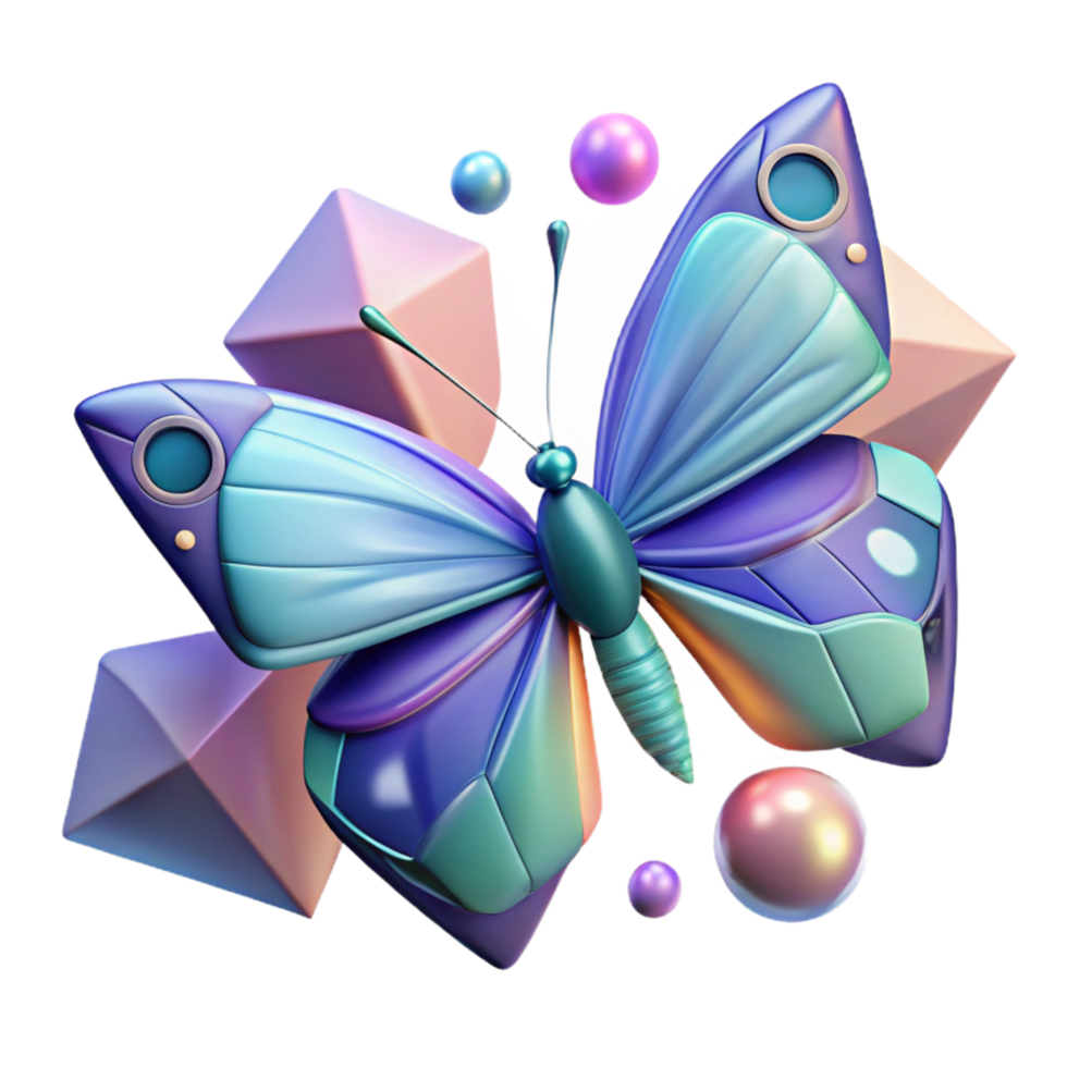 3D Render of a Futuristic Butterfly with Geometric Shapes and Spheres Background Illustration png